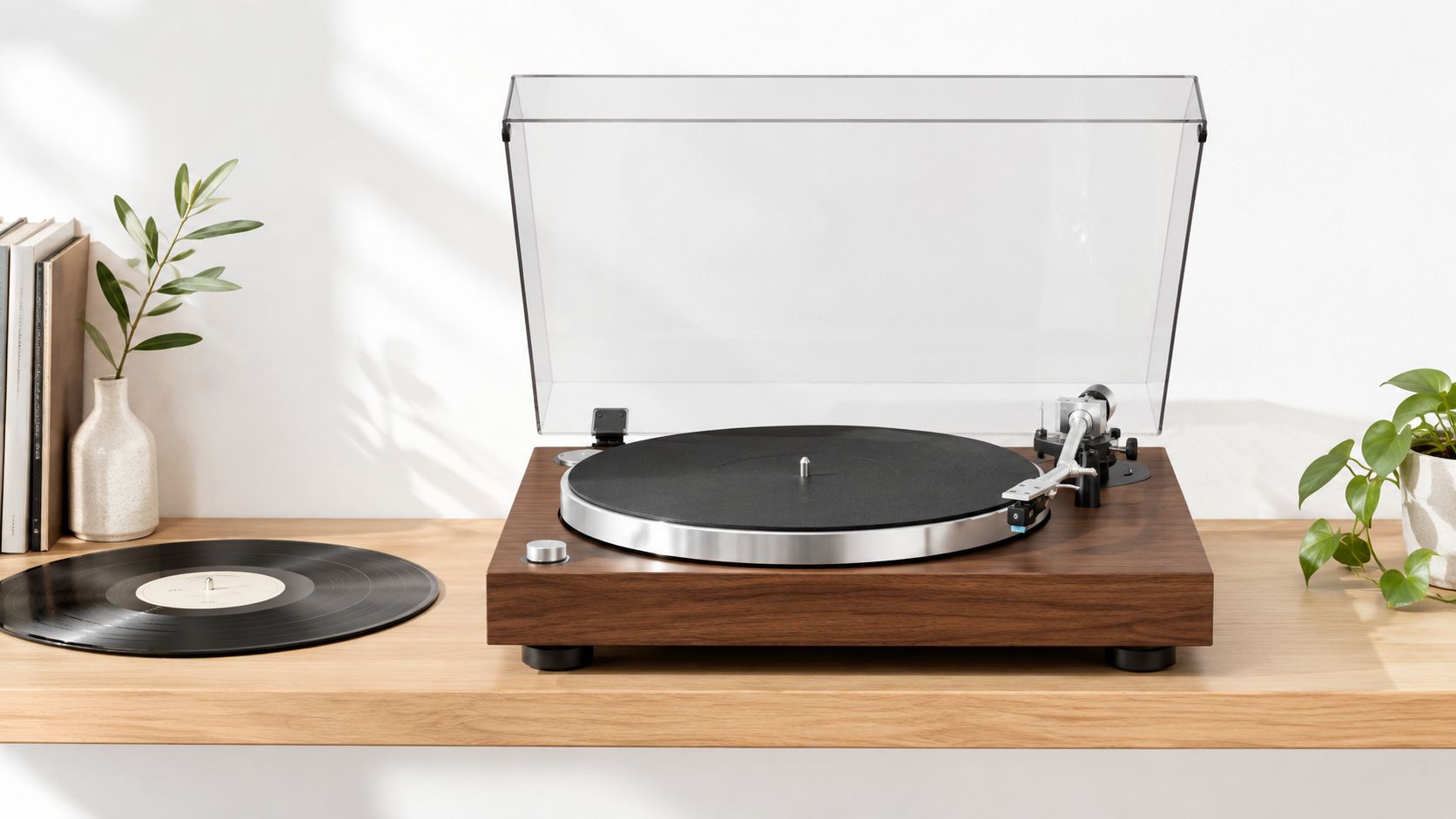 A modern walnut wood turntable sits on a light wooden surface next to a vinyl record.