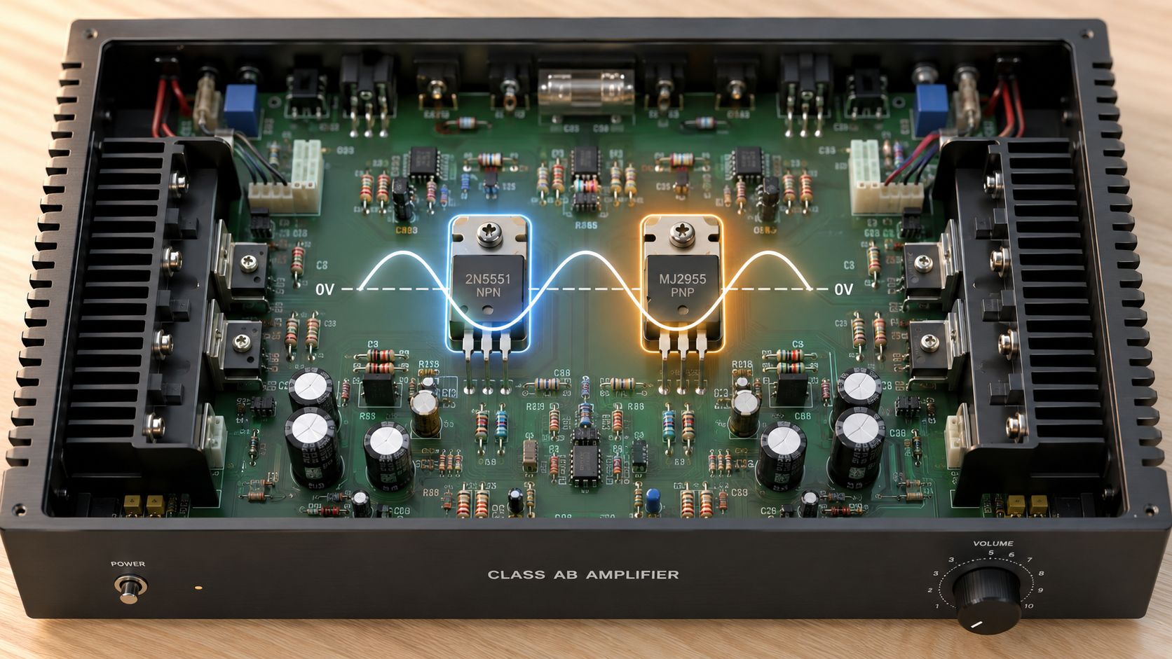 An interior view of a Class AB integrated amplifier circuit board showing transistors and a signal waveform.
