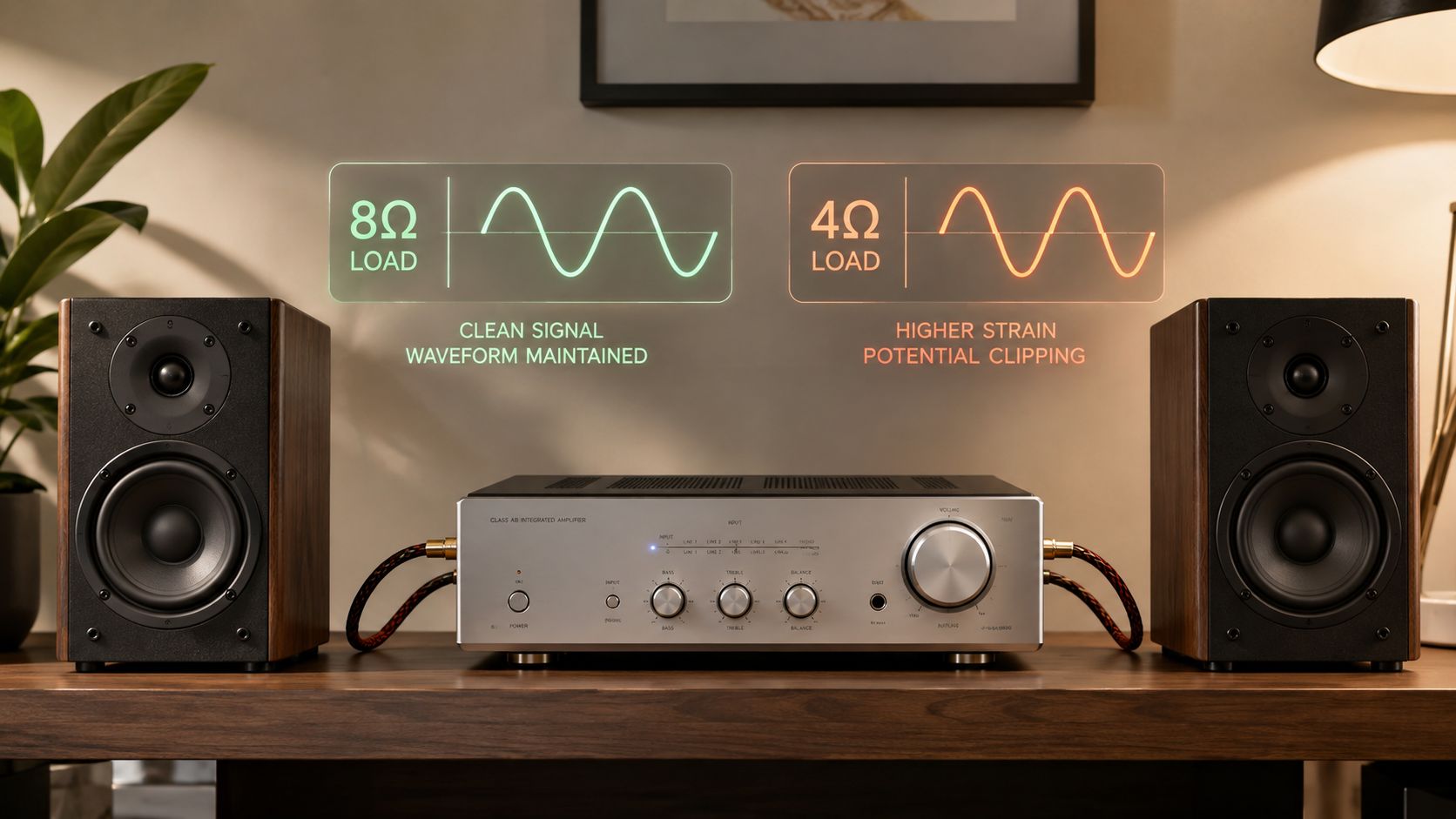A Class AB integrated amplifier shown between two speakers with 8 ohm and 4 ohm signal diagrams.