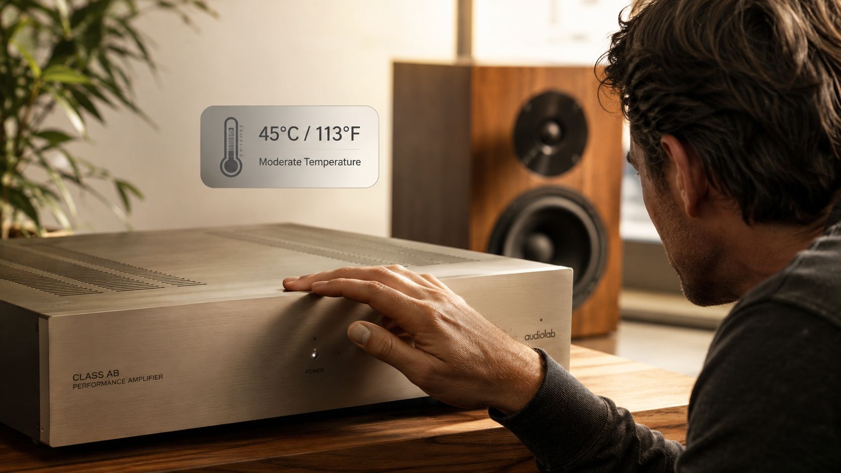 A man touching a silver Audiolab Class AB performance amplifier that displays a moderate operating temperature reading.