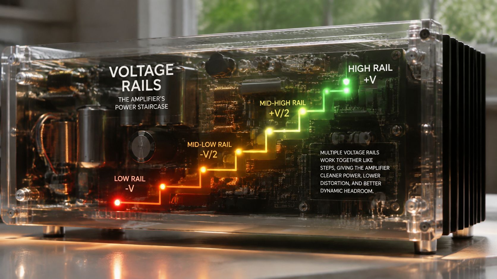 A transparent casing amplifier showcasing internal electronics with a visualized voltage rail power staircase diagram overlay.