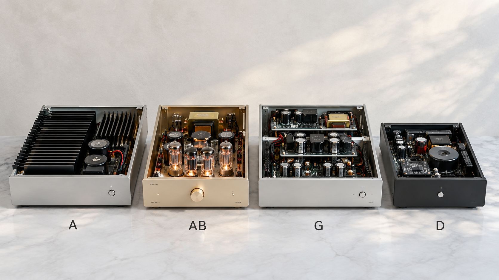 Four different audio amplifier types categorized as class A, AB, G, and D arranged on a marble surface.
