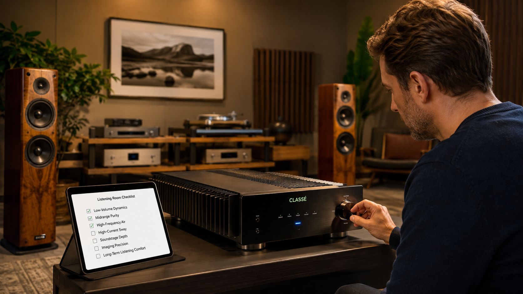 A man adjusts a Classé amplifier while viewing a listening room checklist on a tablet screen.