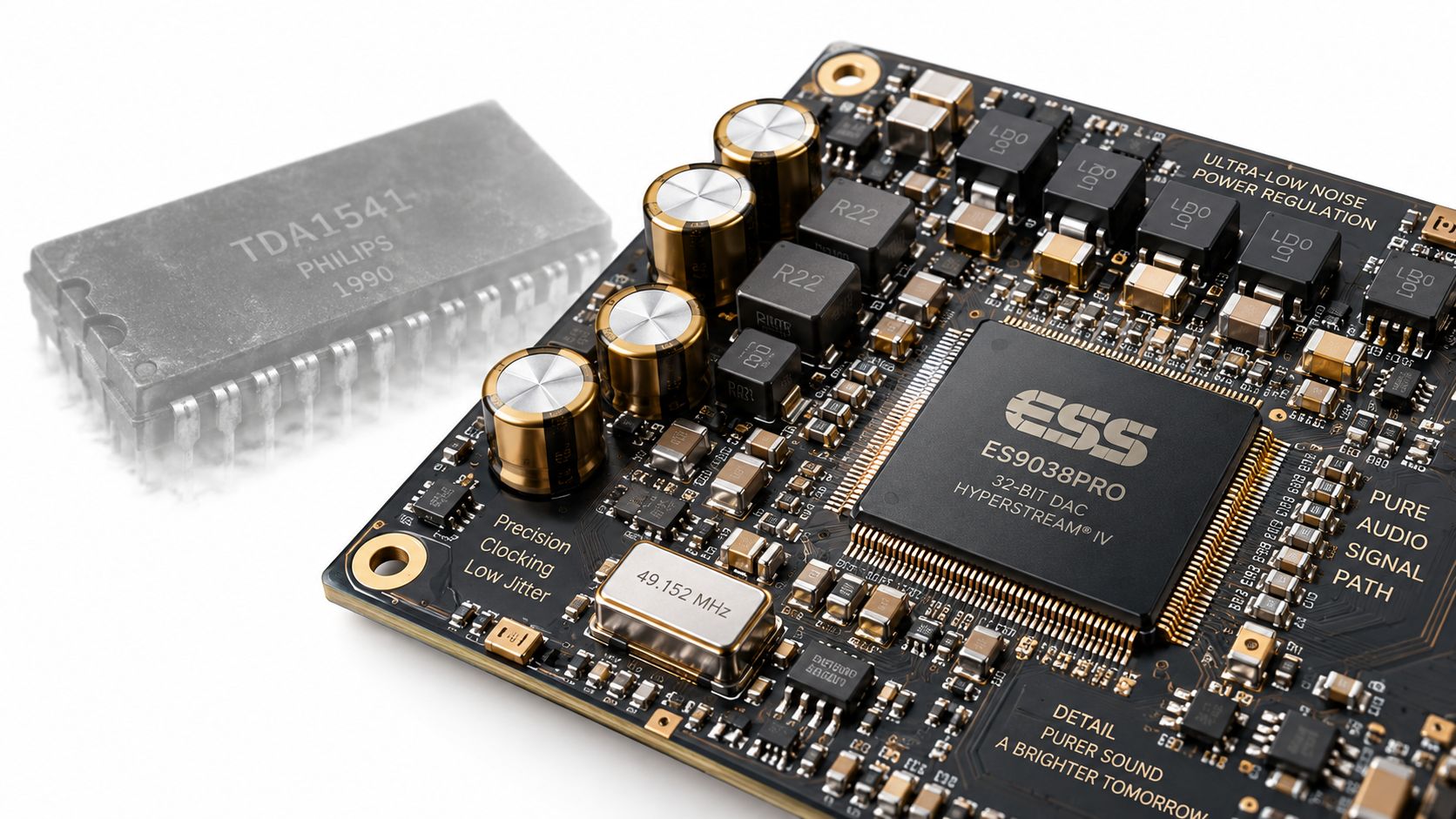 A modern circuit board with an ESS ES9038PRO DAC chip alongside a vintage Philips TDA1541 audio chip.
