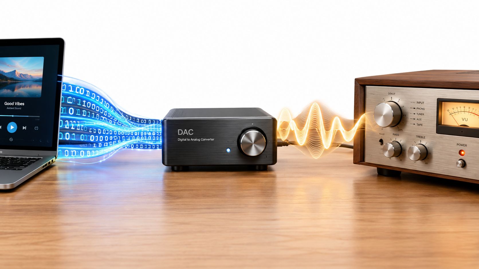 A digital-to-analog converter connects a laptop to a vintage-style stereo amplifier using visual data and sound wave representations.
