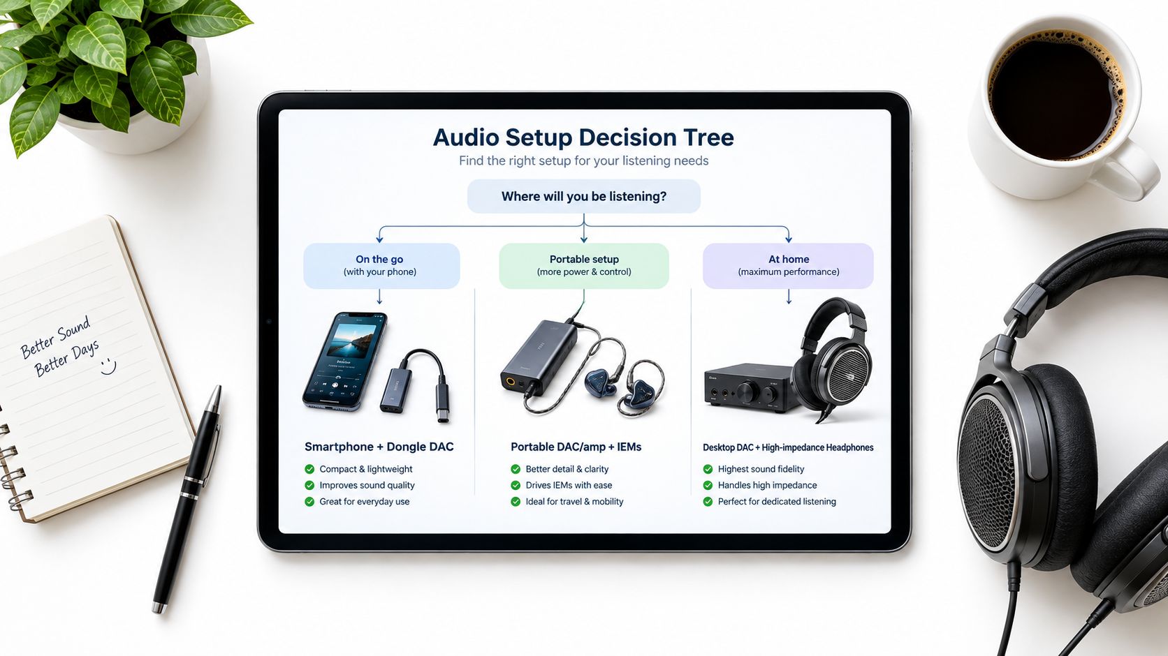 An infographic displayed on a tablet screen showing an audio setup decision tree for different listening environments.