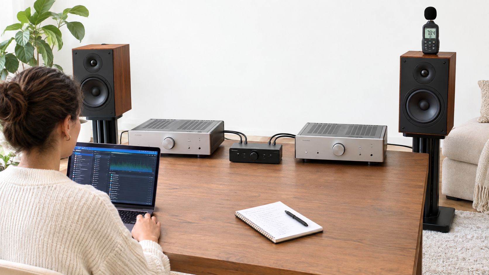 A woman working on a laptop with professional audio equipment and speakers set up on a wooden table.