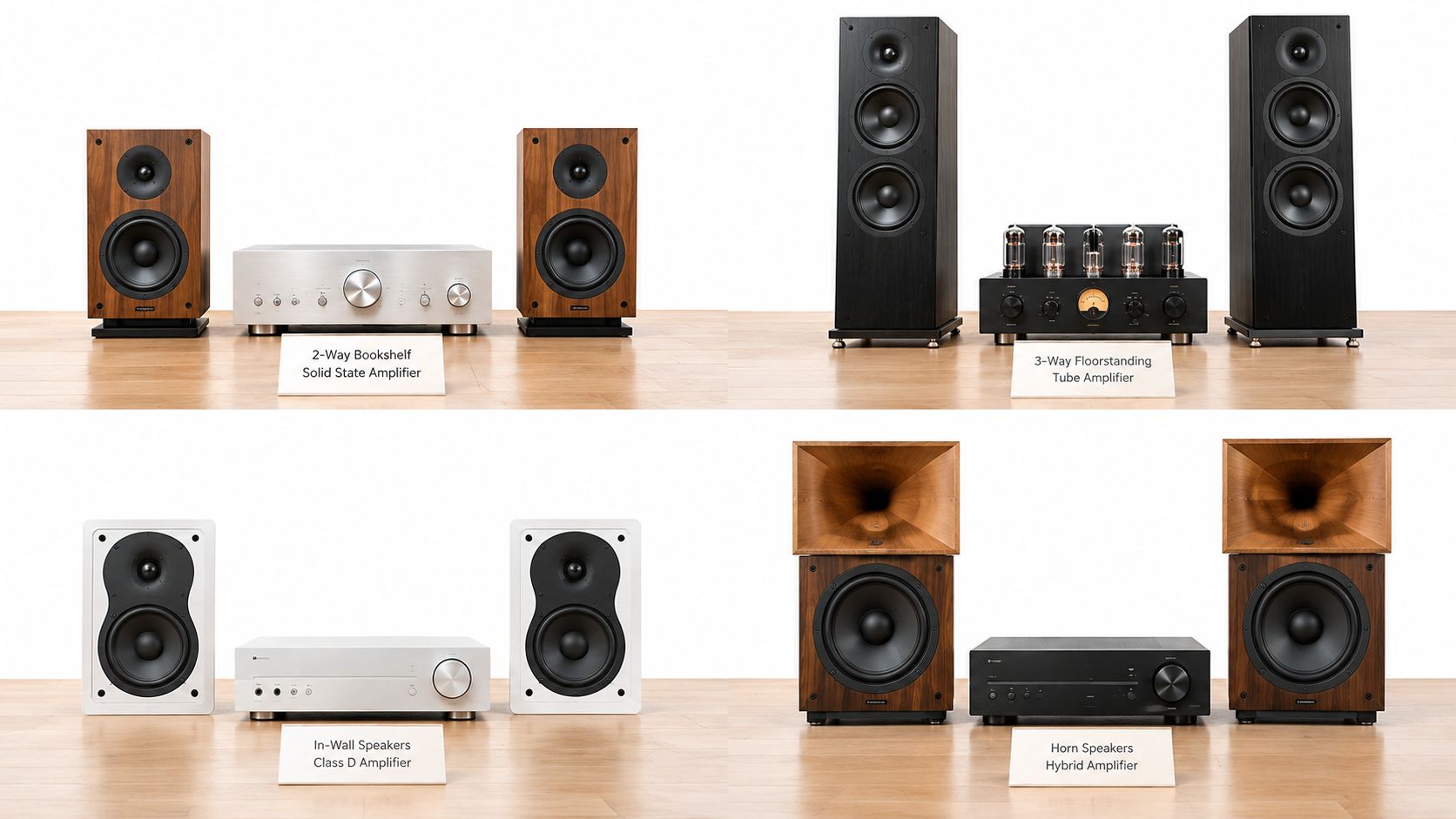 A composite image displaying four different types of high-end audio speaker and amplifier system configurations.