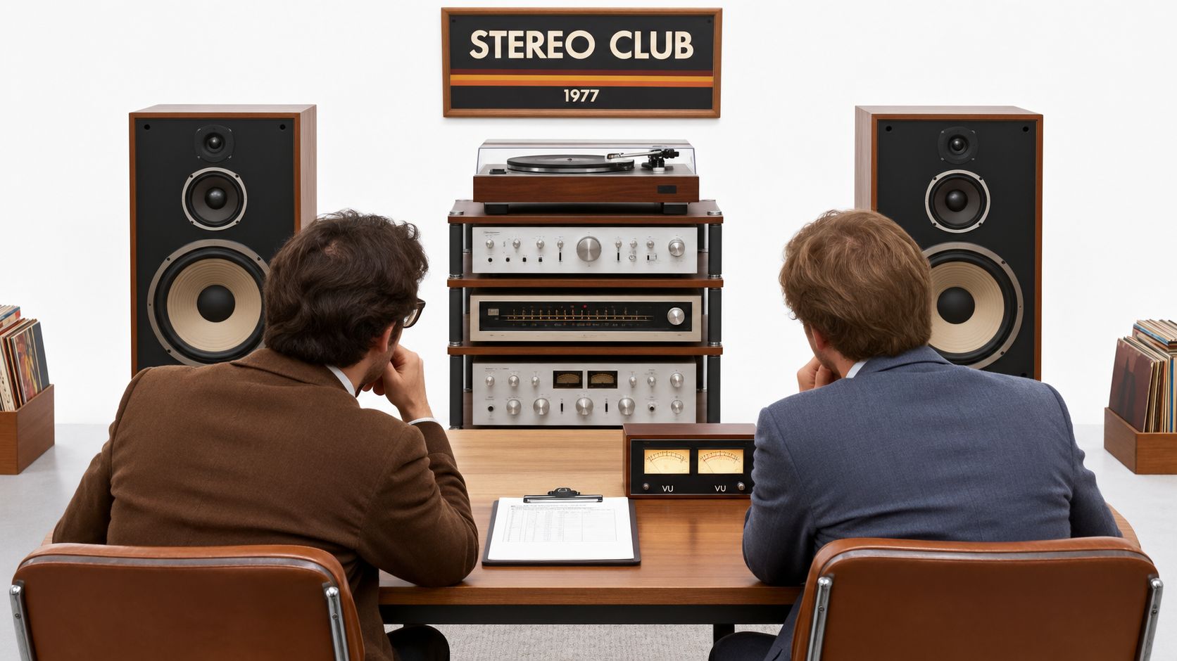Two men in suits sitting at a table listening to a vintage 1970s stereo system setup.