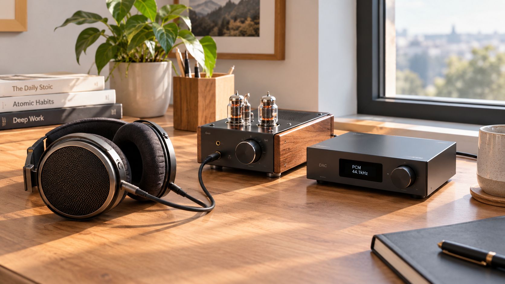 A high-end audiophile headphone setup with a tube amplifier, DAC, and premium headphones on a wooden desk.
