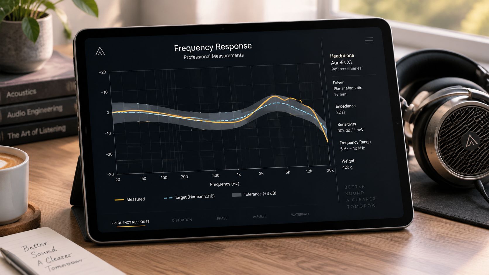 A digital tablet displaying professional frequency response measurements for Aurelis X1 headphones with an acoustic analysis graph.