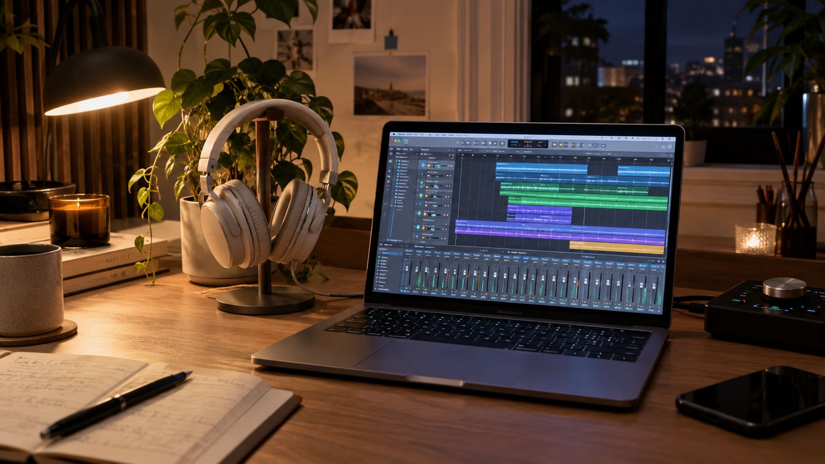 A modern home workspace with a laptop running music production software, white headphones, and a notepad.