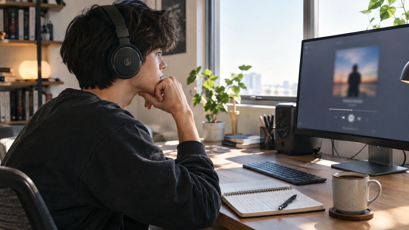 A young man wearing headphones sits at a wooden desk, observing a computer screen while studying.