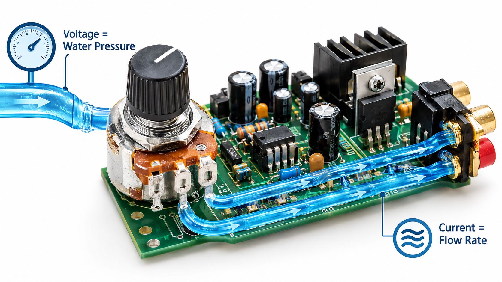 A circuit board with a potentiometer represented as a valve explaining electrical concepts using water analogies.