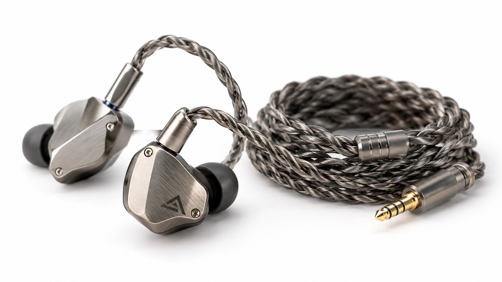 Professional in-ear monitor earphones with a braided silver cable and a 4.4mm balanced plug on white background.
