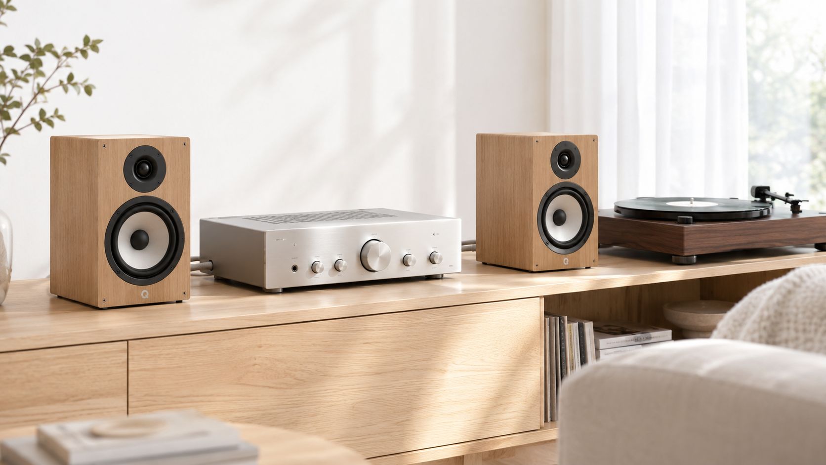 A modern integrated amplifier sits on a wooden console table between two bookshelf speakers and a turntable.
