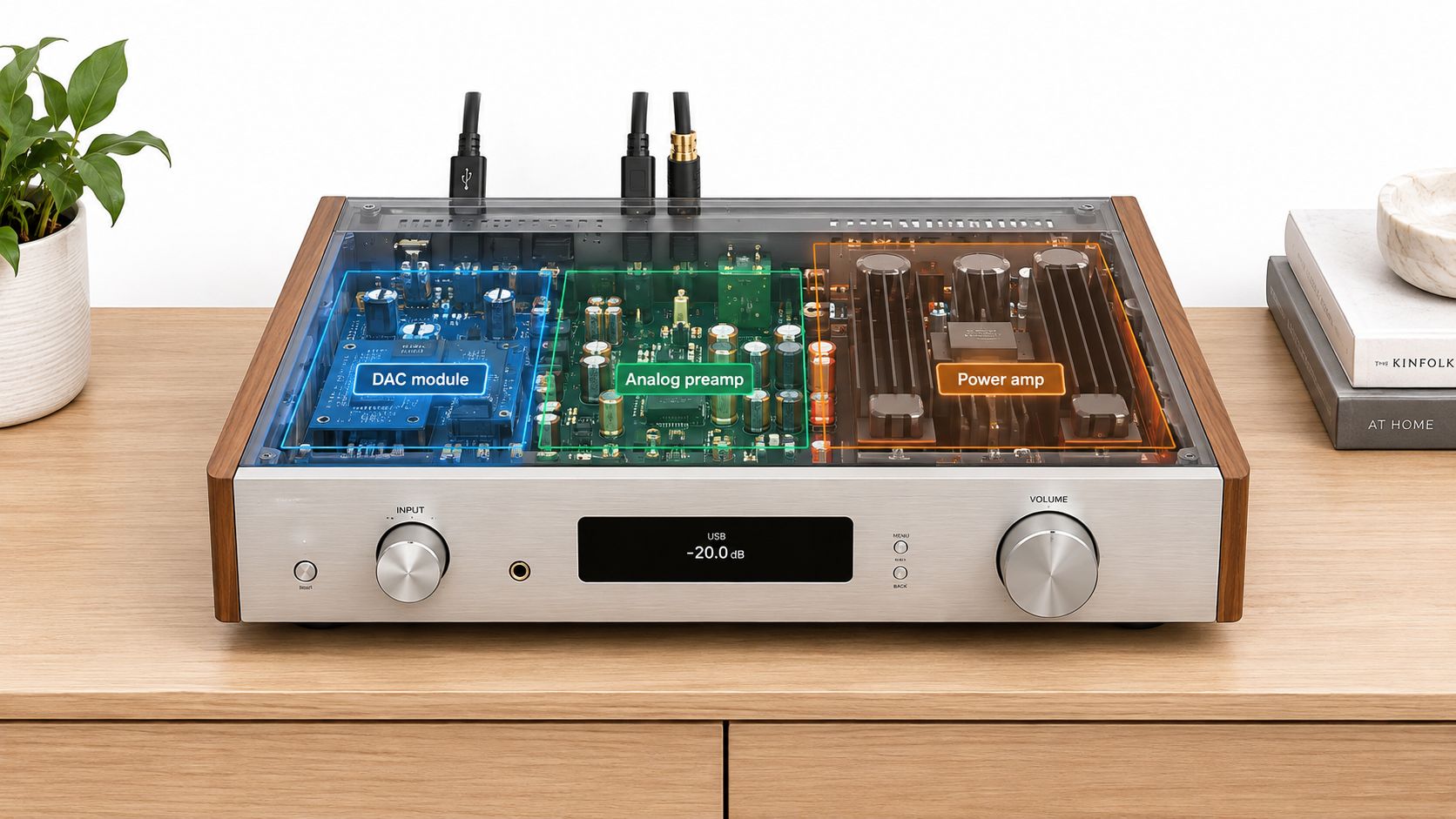 A modern silver integrated amplifier with a transparent top showing the internal DAC module, preamp, and power amp.