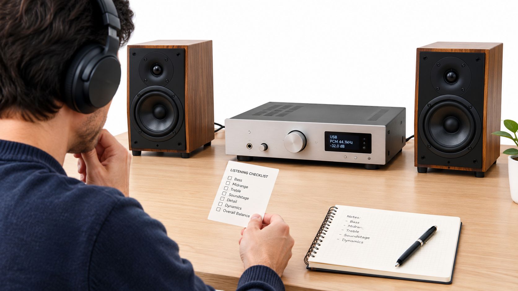 A person wearing headphones evaluates audio equipment performance using a listening checklist and a notebook on a desk.