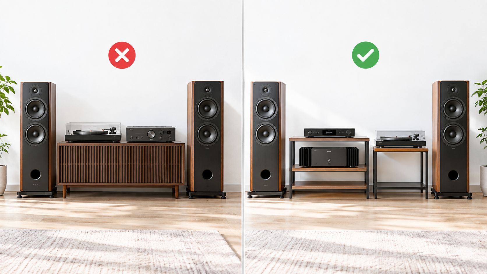 A split image showing the incorrect placement of an amplifier on a turntable cabinet versus the correct setup.