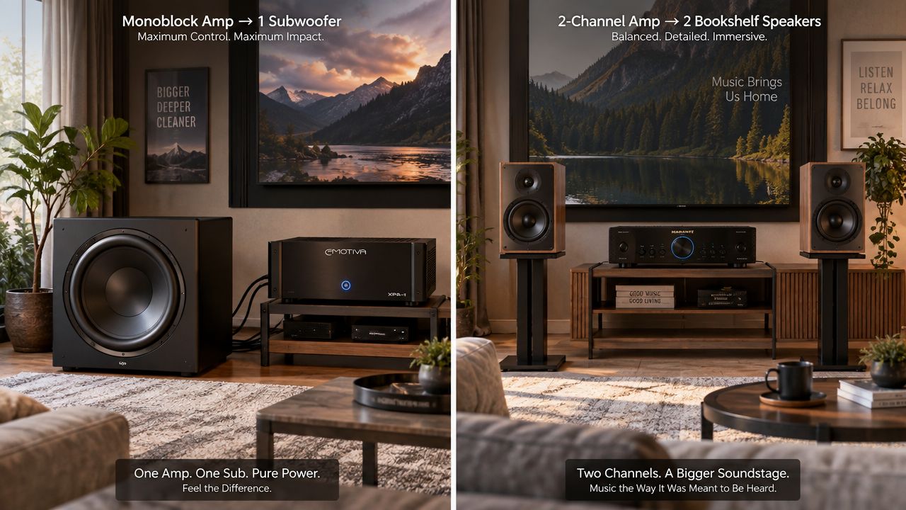 A split-screen comparison showing a monoblock amplifier for a subwoofer and a 2-channel amplifier for bookshelf speakers.