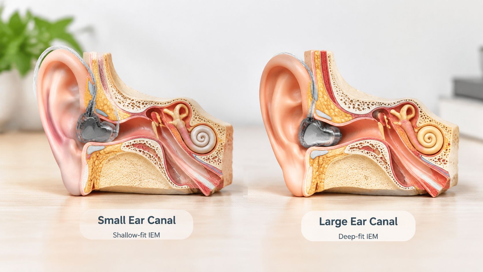 An anatomical model of the human ear comparing a shallow-fit IEM for small ear canals and deep-fit for large.