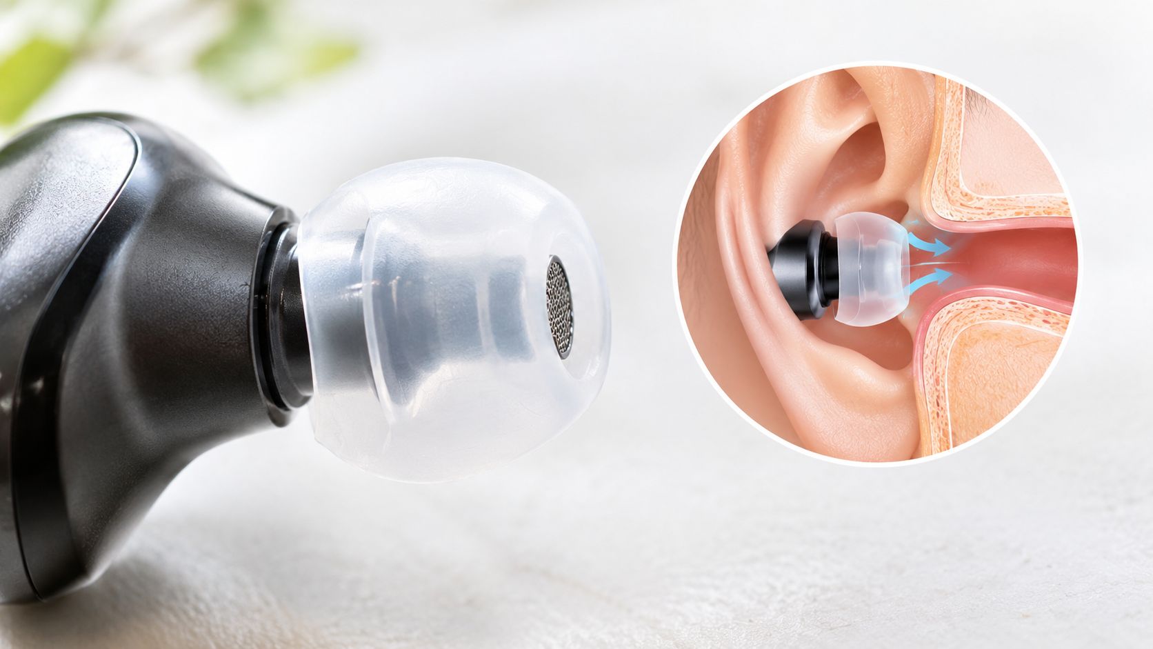 A close-up view of a comfortable in-ear monitor ear tip with an anatomical diagram of the ear.