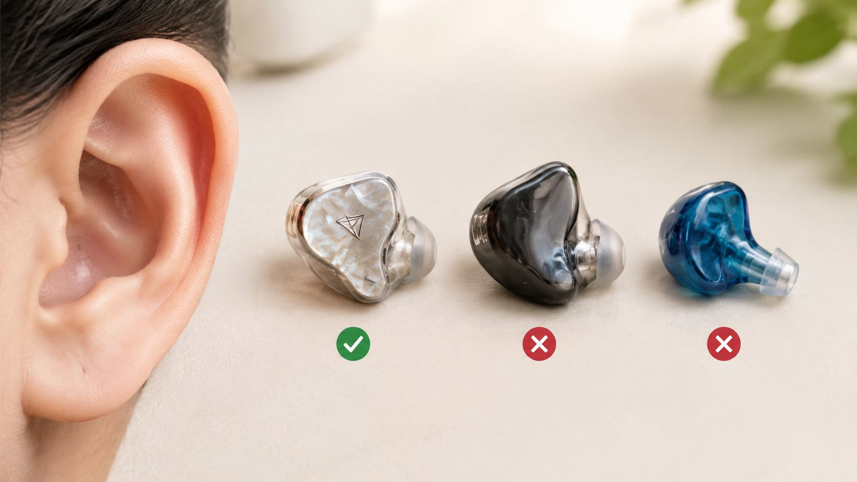 A close-up comparison of three different in-ear monitors with a human ear for scale and sizing context.