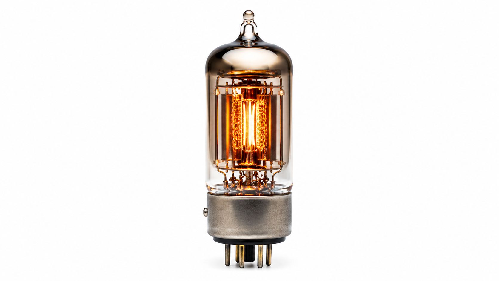 A glowing vintage vacuum tube used in high-fidelity audio equipment isolated on a white background.