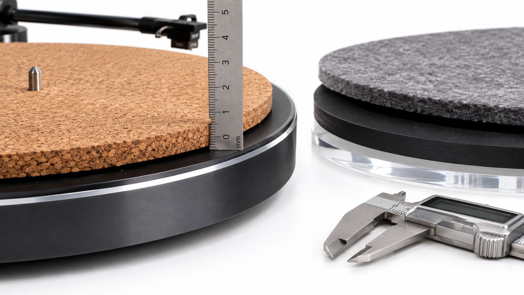 A close-up view comparing different turntable mats using a metal ruler and a digital caliper for precision.