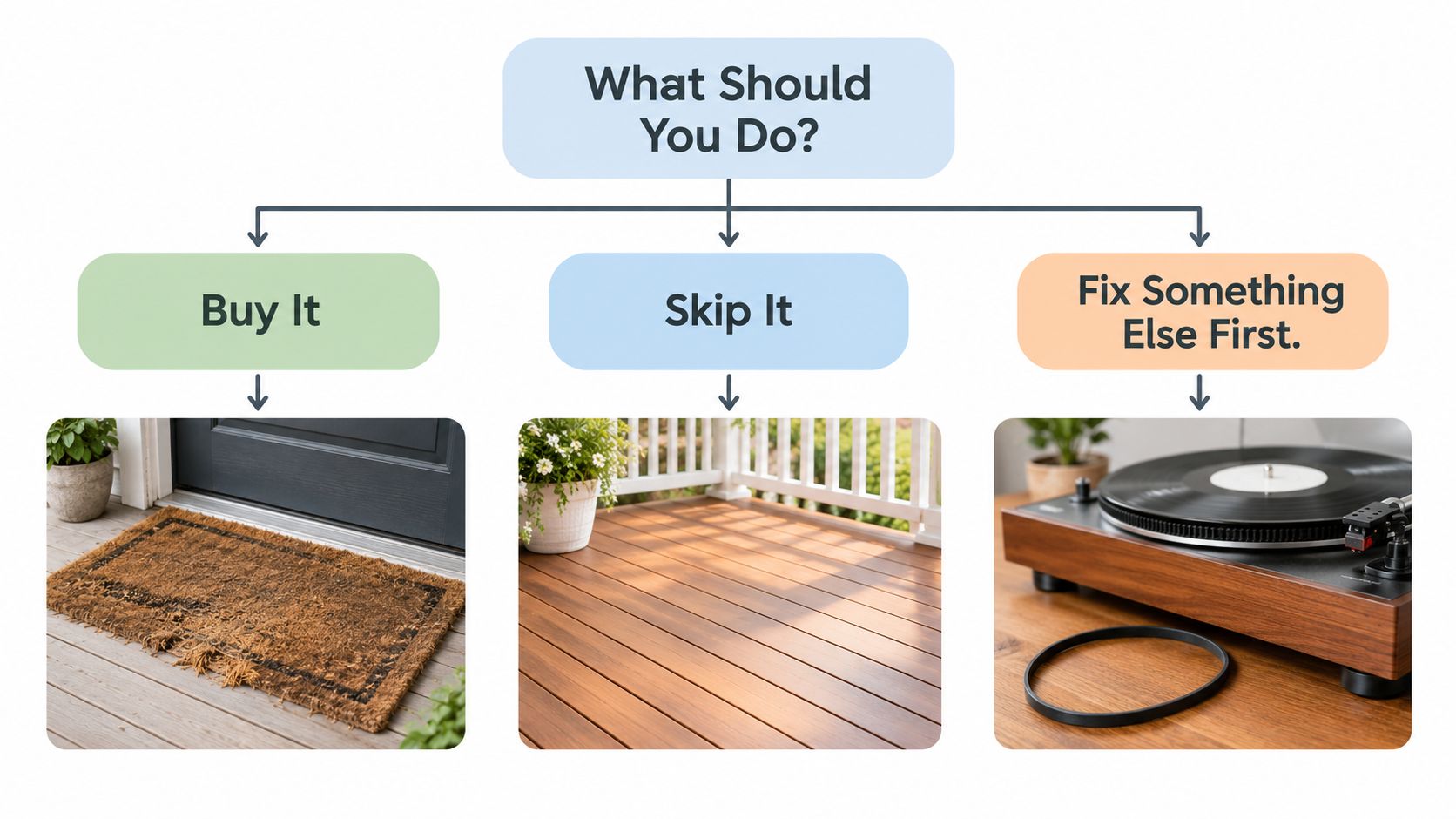 A flowchart titled What Should You Do with three branches illustrating whether to buy, skip, or fix items.