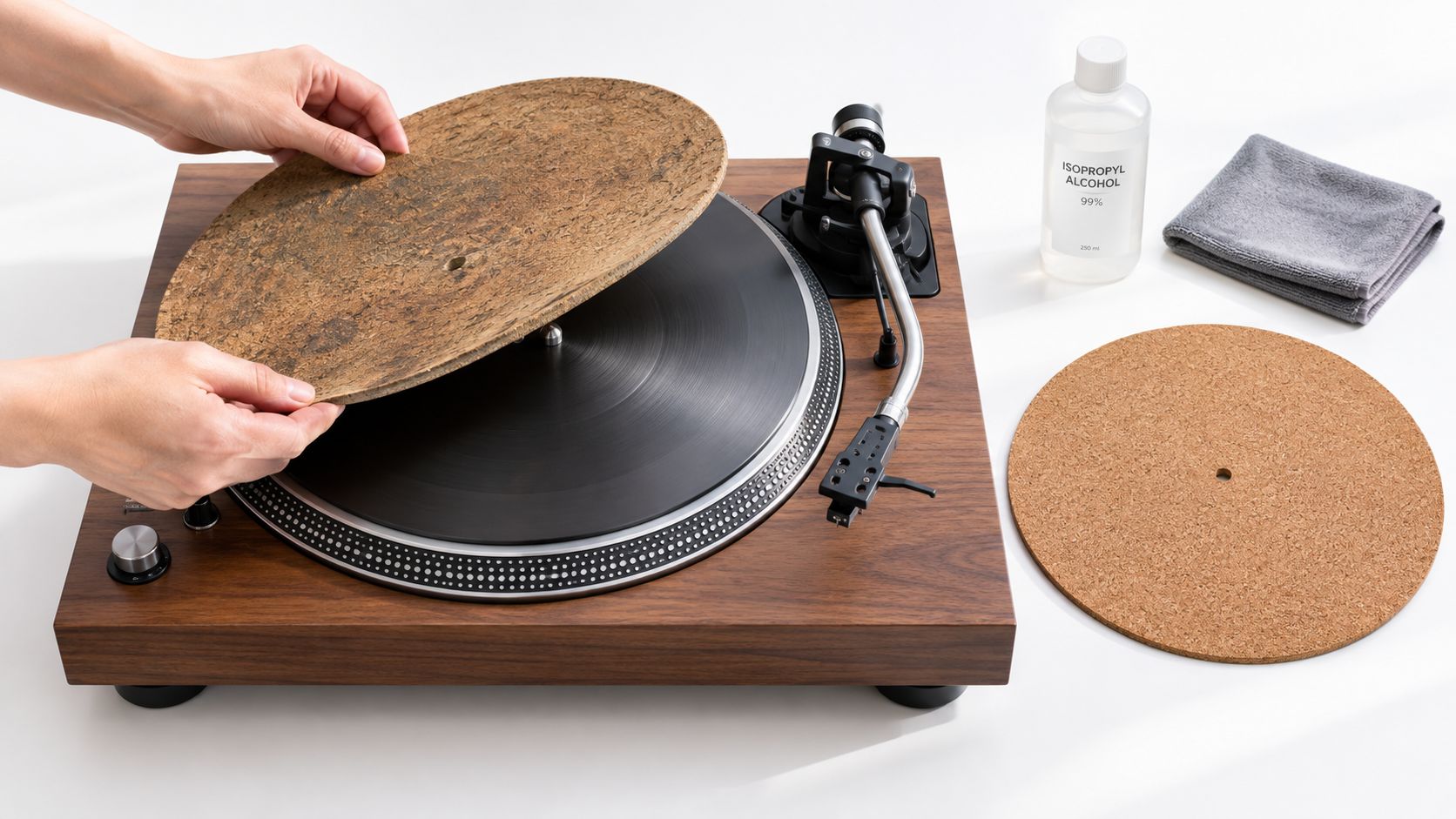 A person installing a cork turntable mat onto a wooden record player next to cleaning supplies.