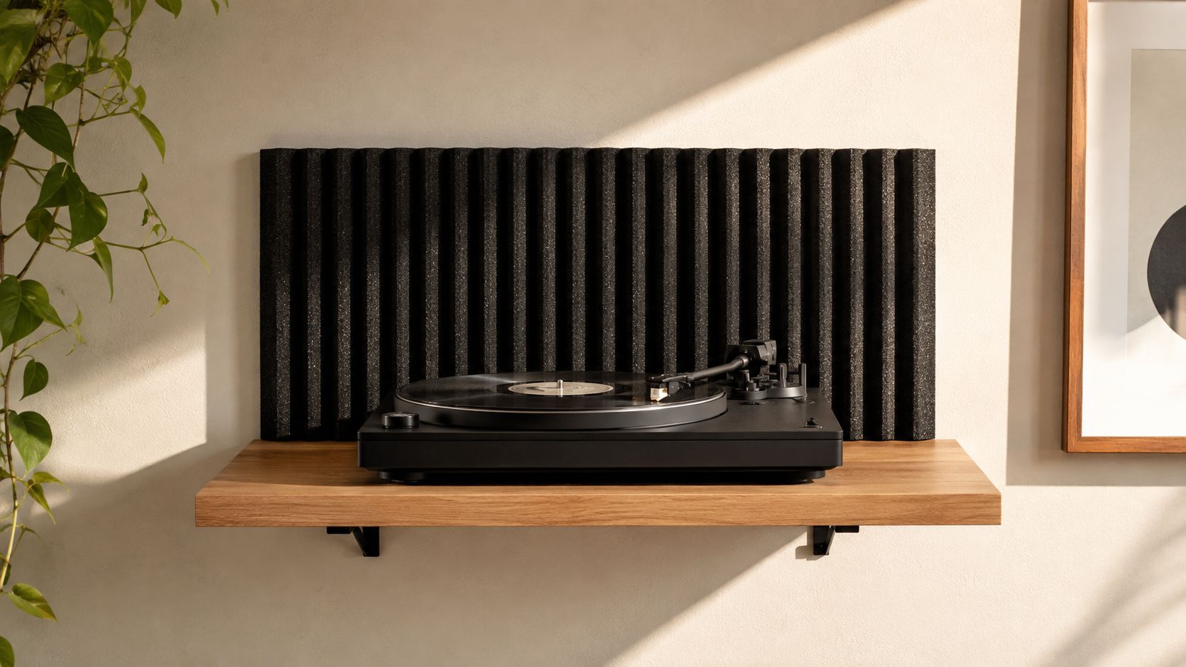 A modern black record player sits on a wooden shelf against a textured acoustic foam wall.