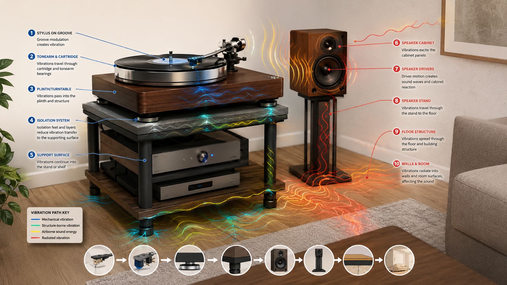 A diagram illustrating how vibrations move through a turntable, speaker system, and room structure during playback.