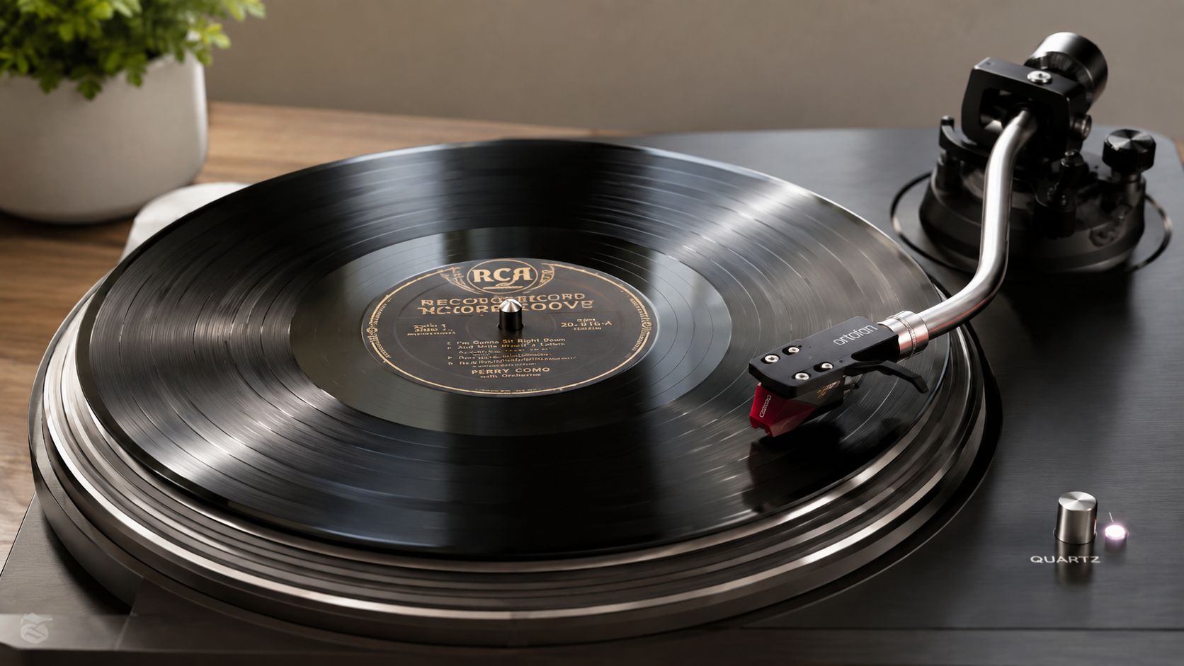 A close-up view of a high-quality turntable sound system playing a vintage RCA vinyl record.