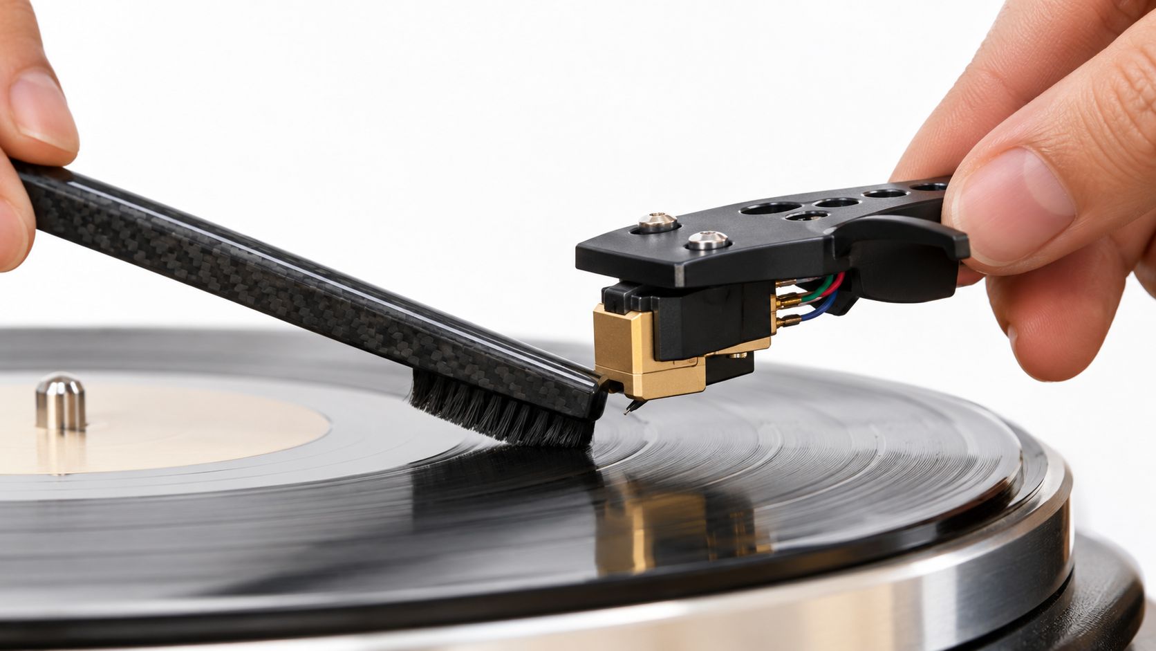 A hand using a small carbon fiber brush to clean the stylus of a professional turntable cartridge.