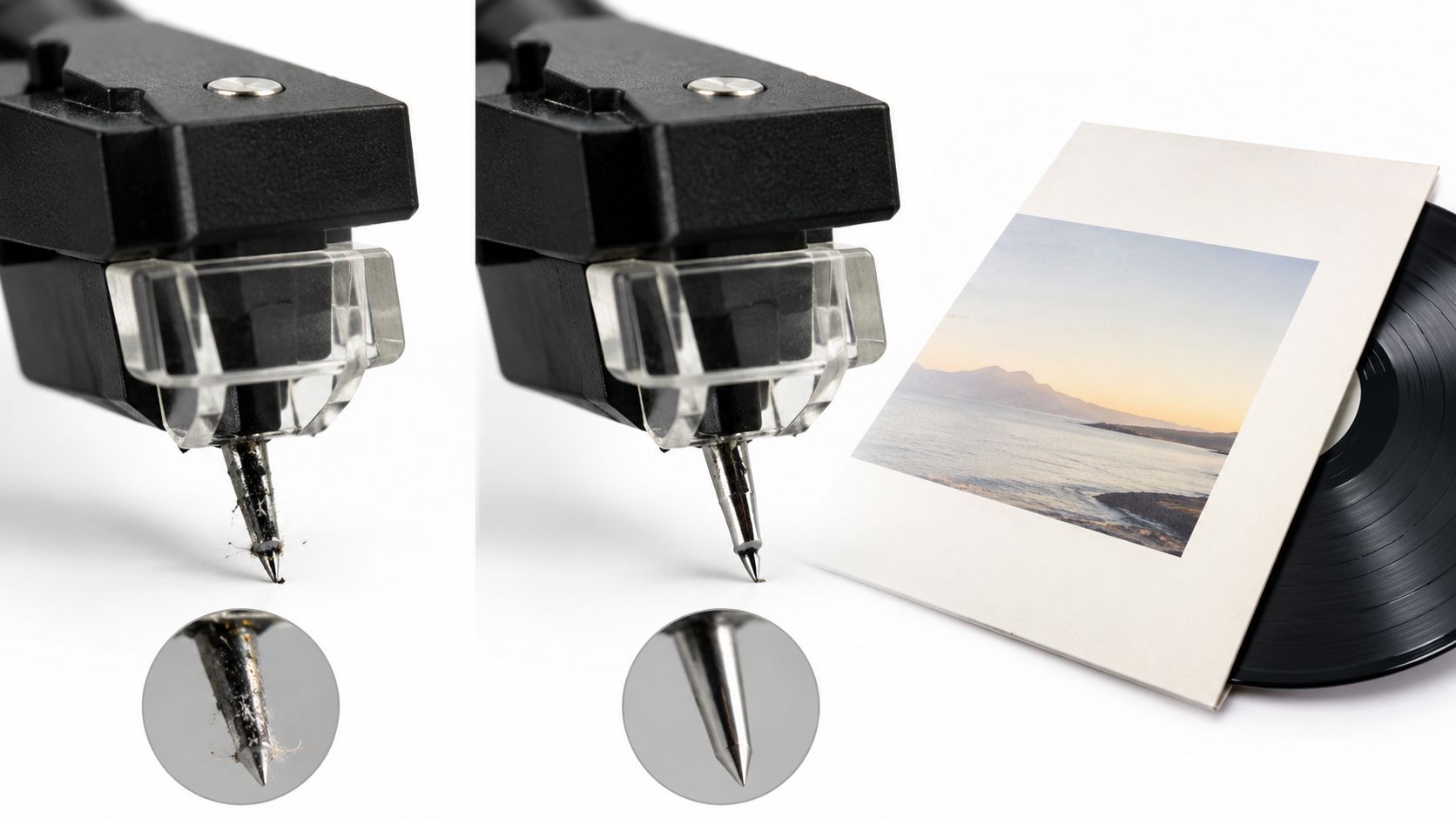 A split view comparing a dirty turntable stylus with lint and a clean, pristine stylus needle.