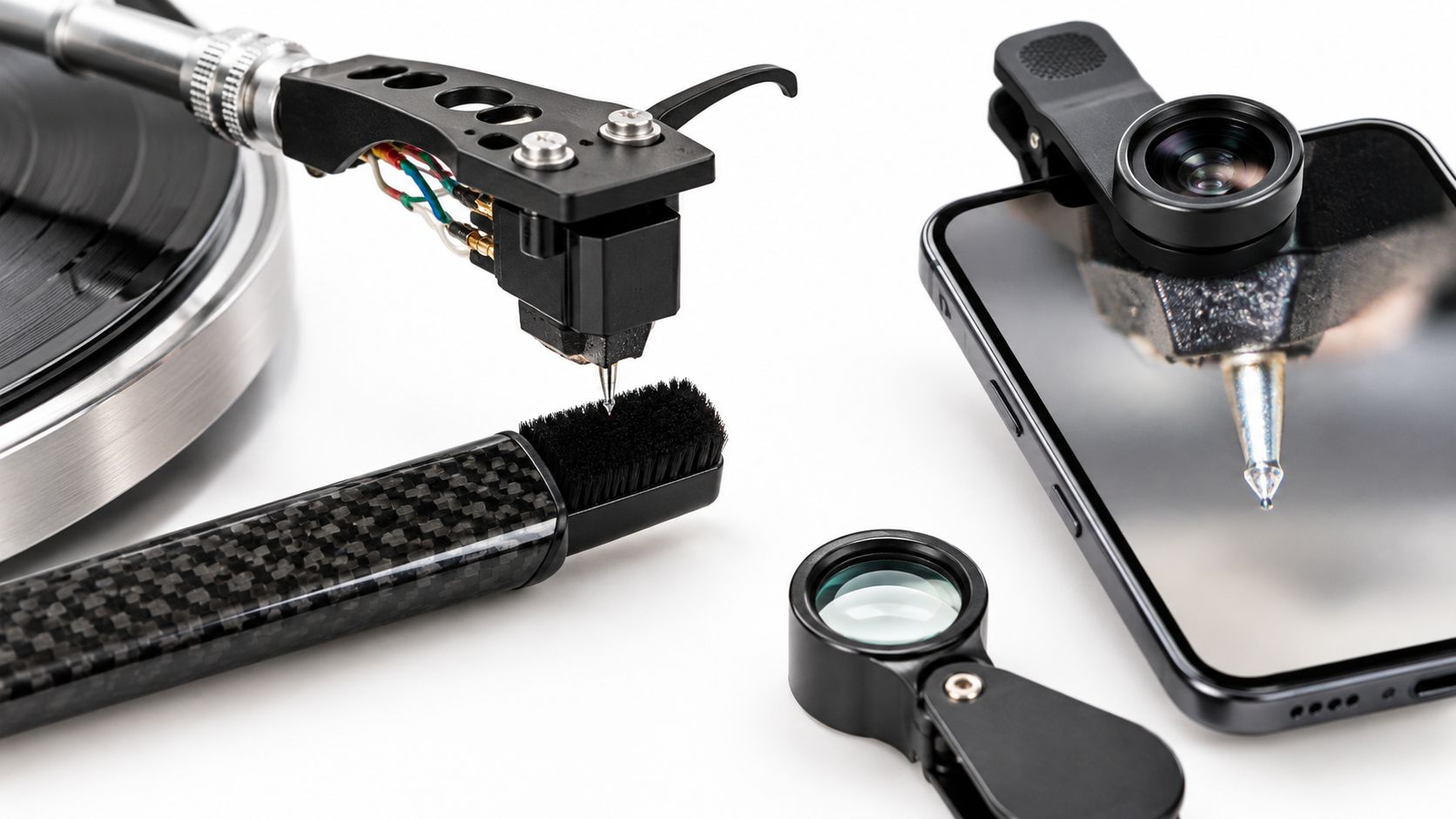 A vinyl record turntable stylus being cleaned with a carbon fiber brush alongside a smartphone microscope tool.