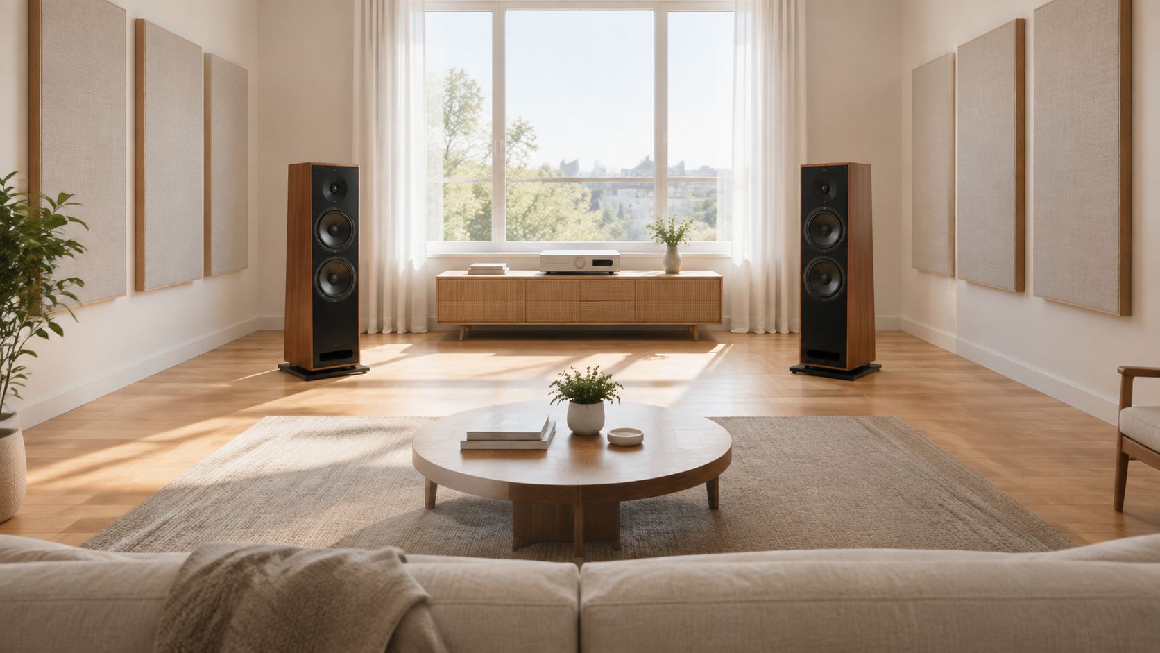 A modern, minimalist living room featuring a professional vinyl listening setup with large wooden floor-standing speakers.
