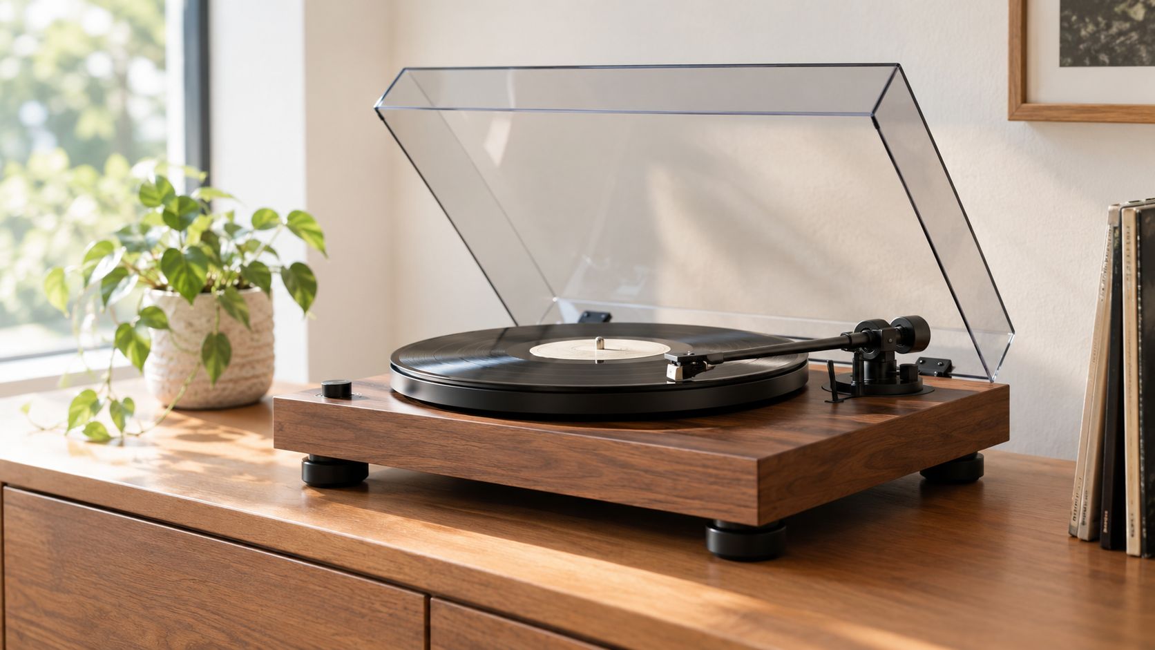 A wooden vintage turntable with a vinyl record playing on a wooden sideboard near a green plant.