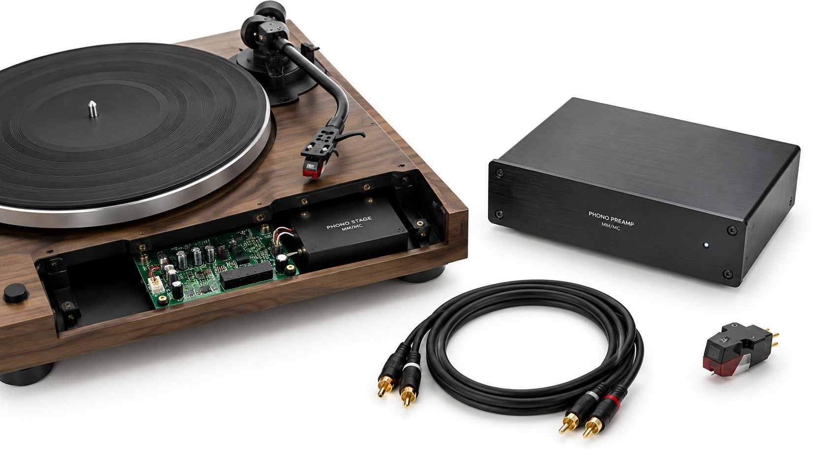 A high-end turntable with an exposed phono stage alongside a standalone phono preamp unit and audio cables.