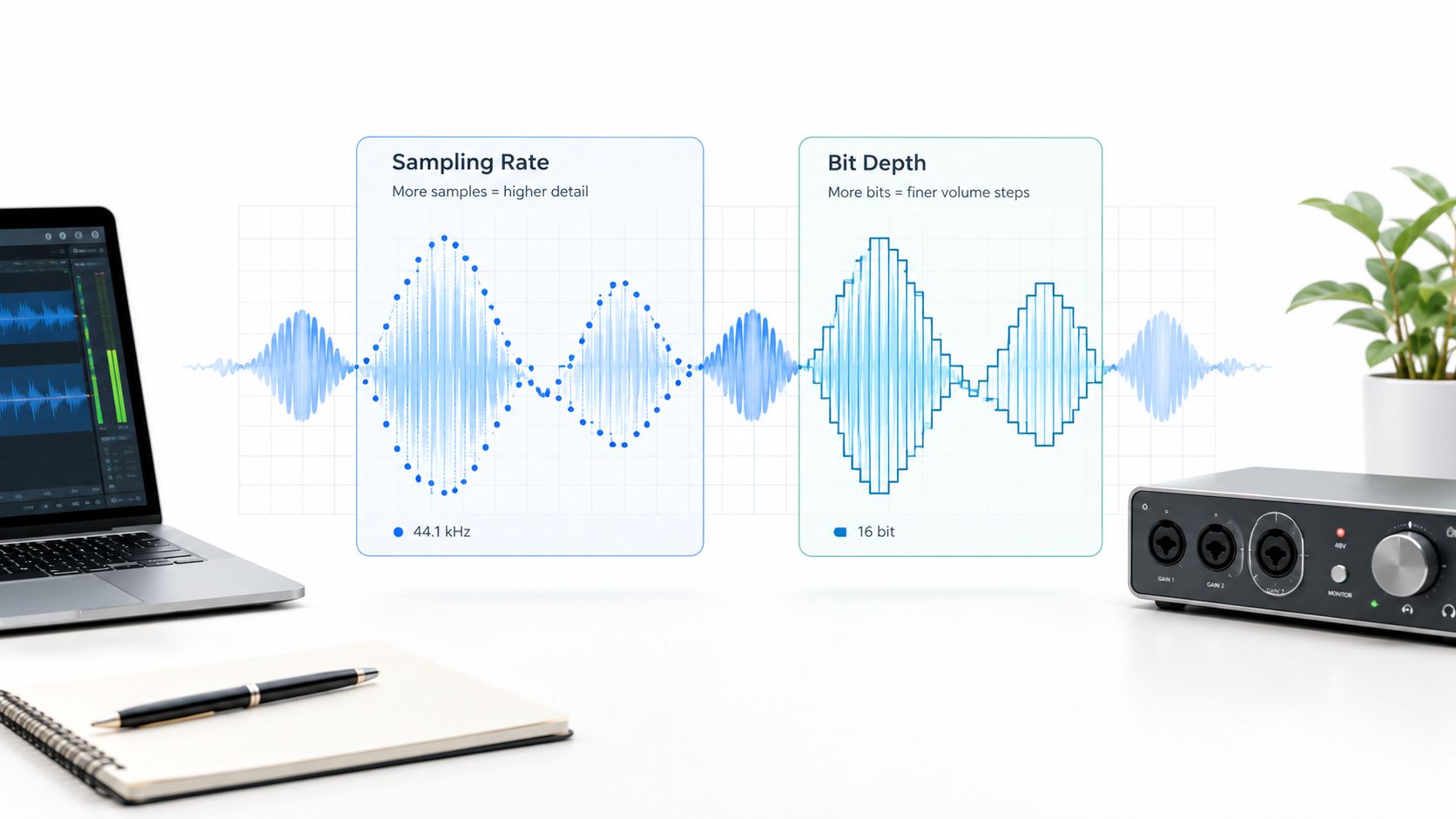 A digital workspace featuring audio equipment, a laptop, and a graphic explaining digital sampling rate and bit depth.