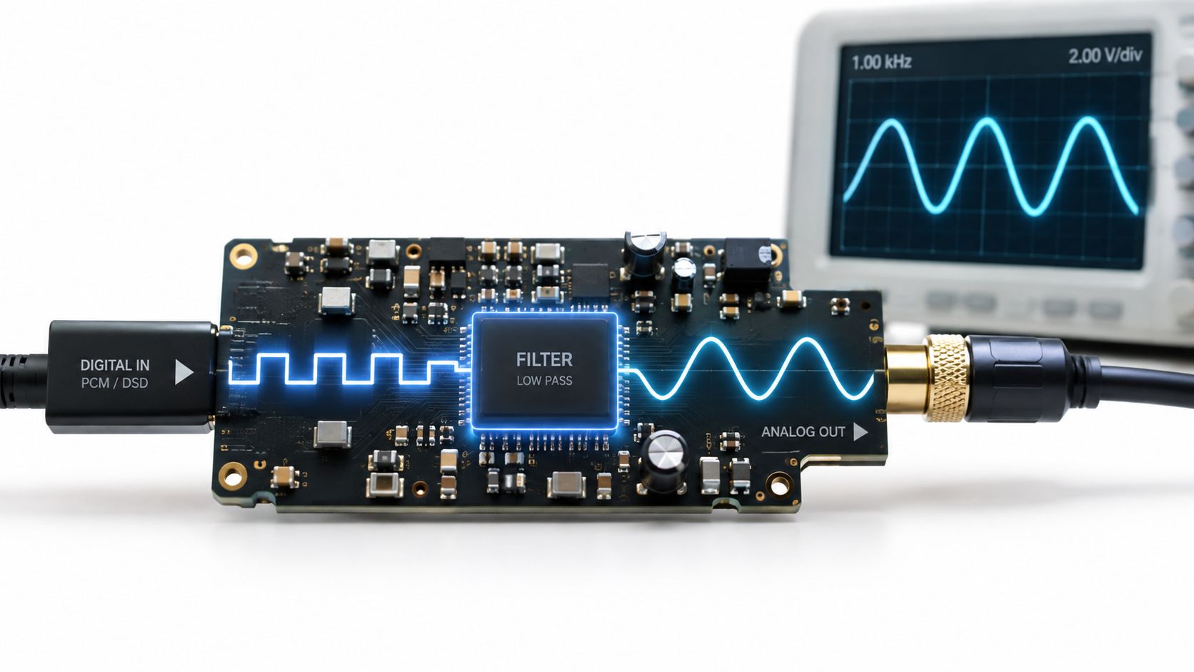 A digital circuit board converting digital input signals into smooth analog waves shown on an oscilloscope screen.