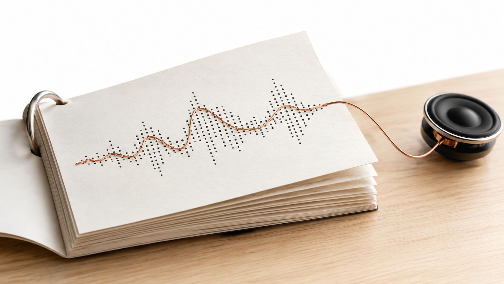 A copper wire connects a small speaker to a visual representation of a sound wave on paper.
