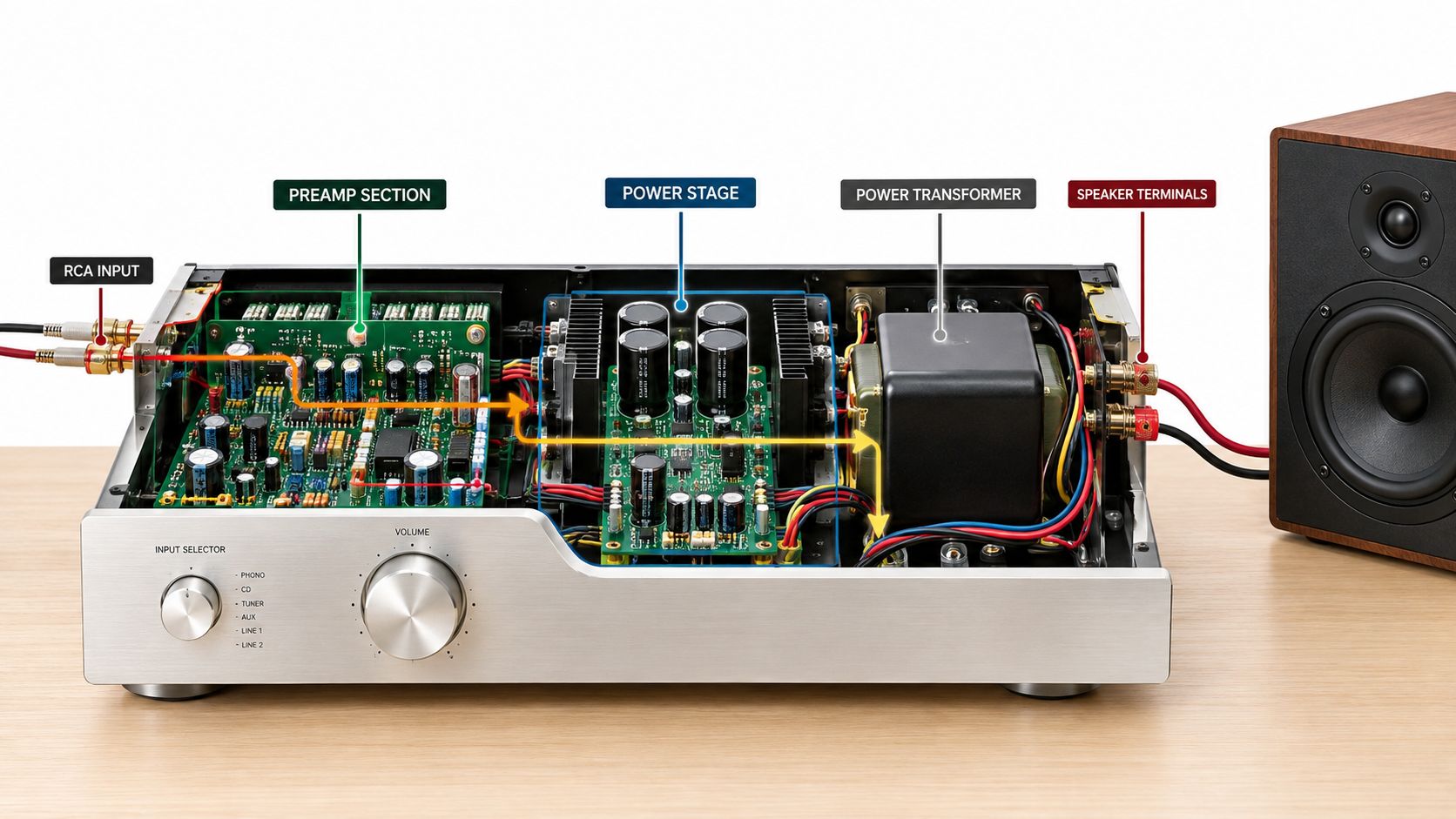 A labeled interior view of an integrated amplifier showing the signal path through internal audio components.