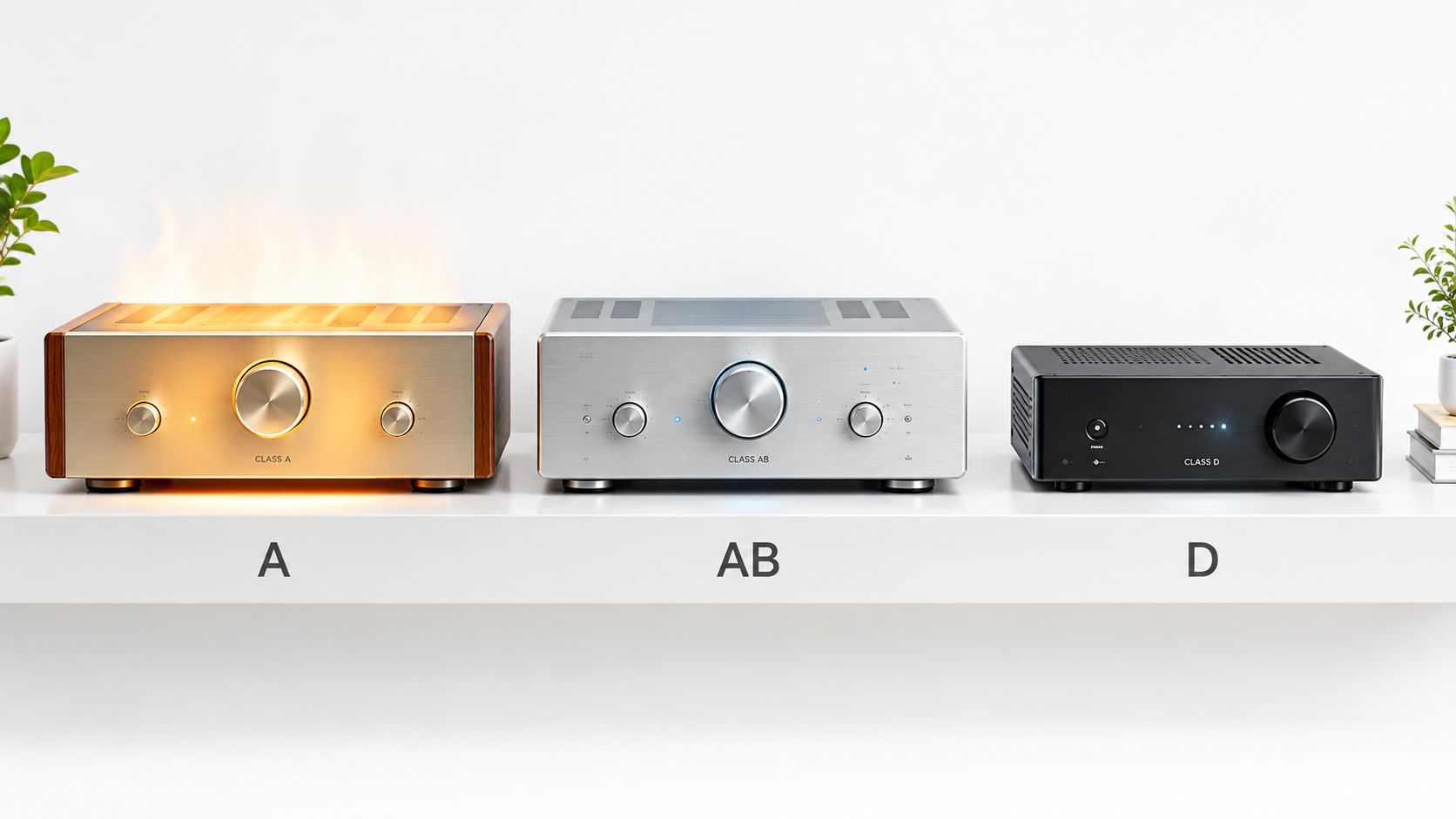 Three integrated amplifiers labeled Class A, Class AB, and Class D sitting on a white shelf.