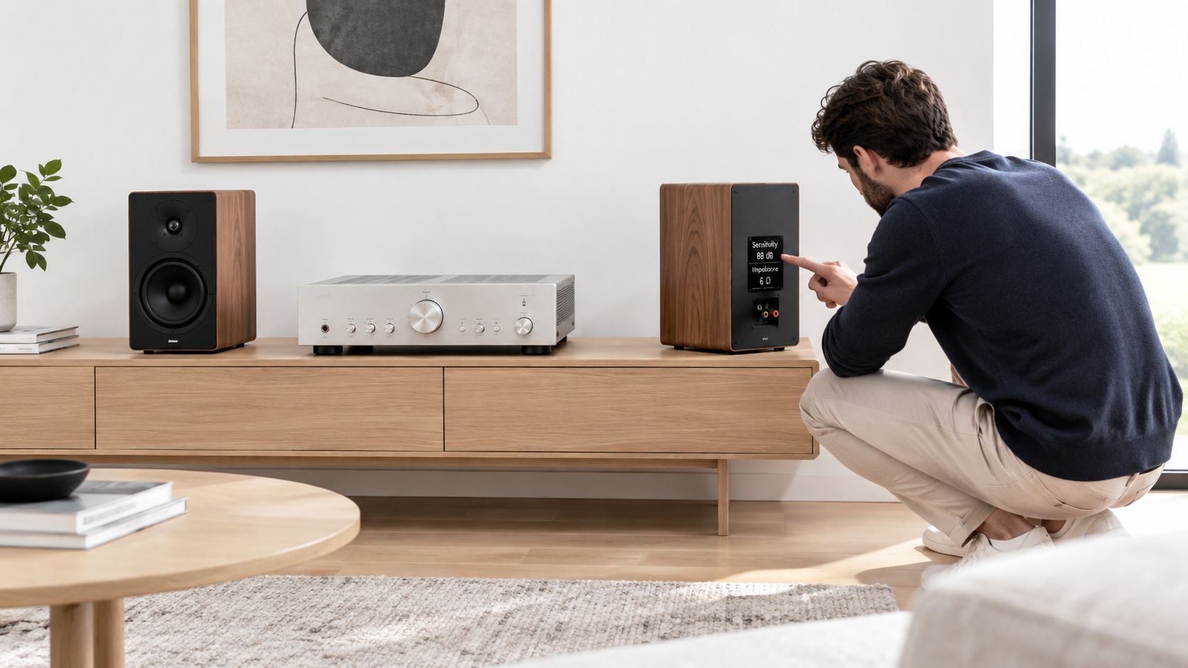 A man adjusts settings on a high-end speaker placed next to an integrated amplifier on a cabinet.