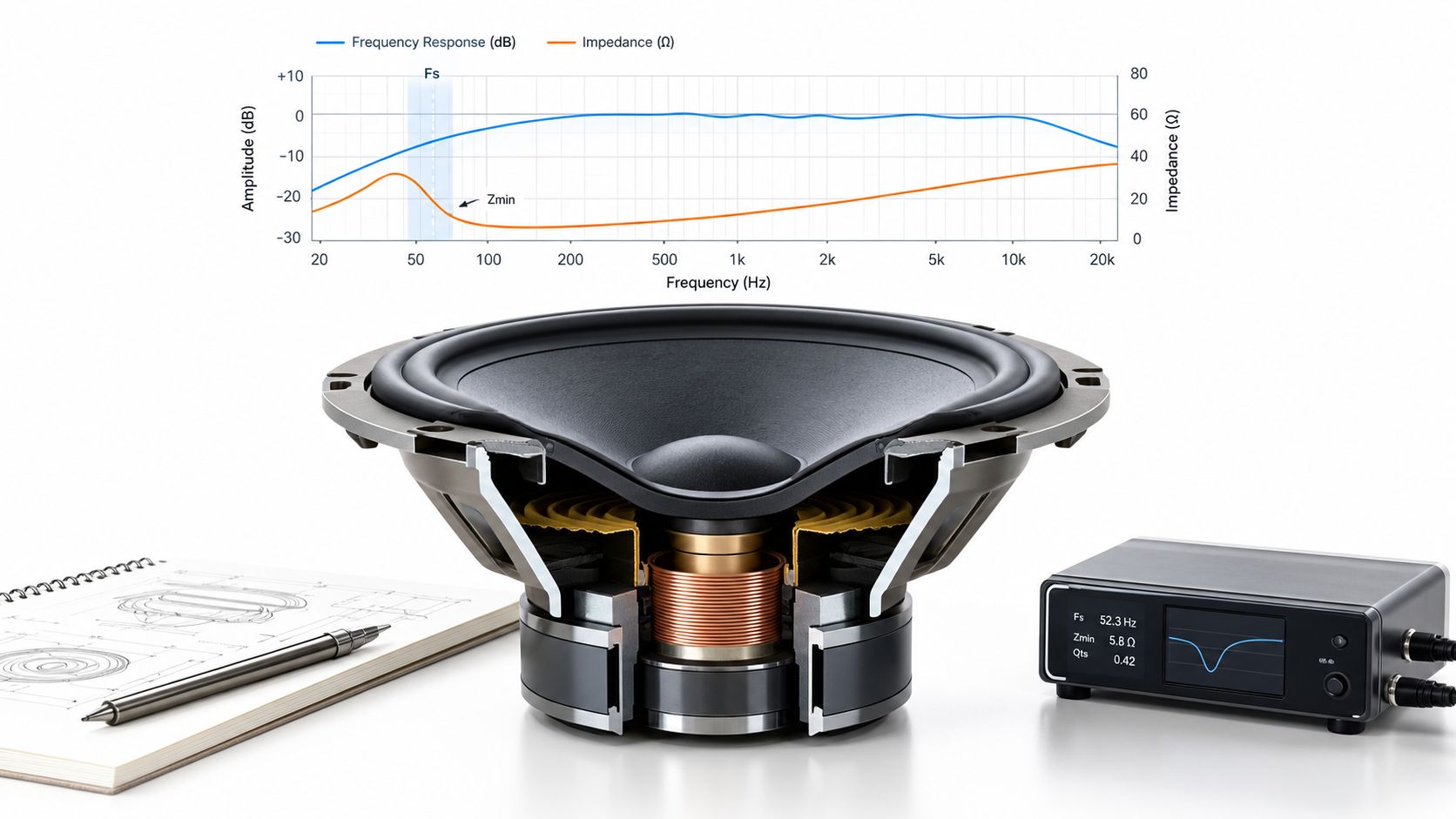 A cutaway view of a loudspeaker driver shown with its corresponding frequency and impedance response graphs.